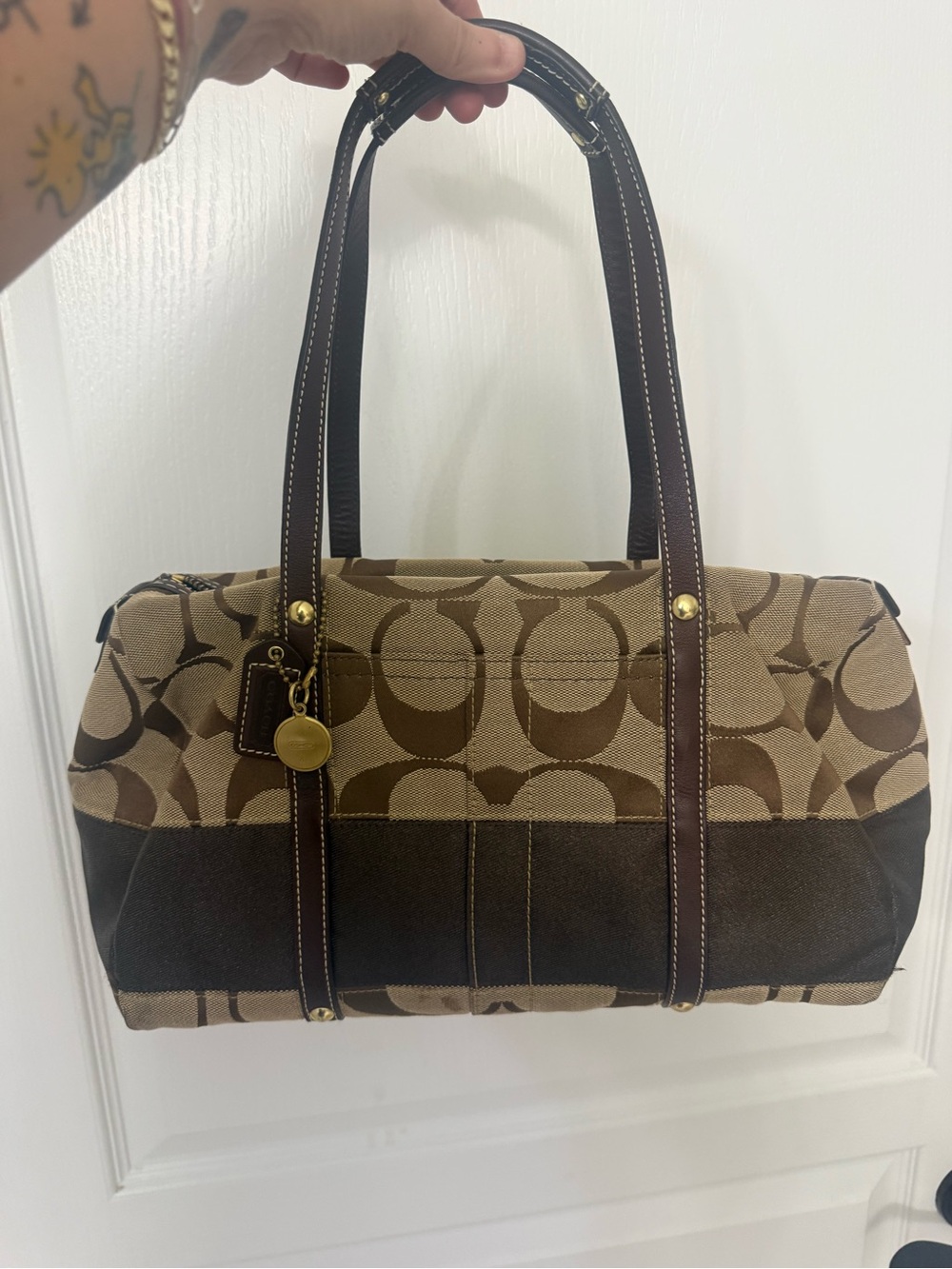 COACH Y2K Signature Khaki/Tan/Brown Canvas Jacquard Zip Satchel Handbag 11102